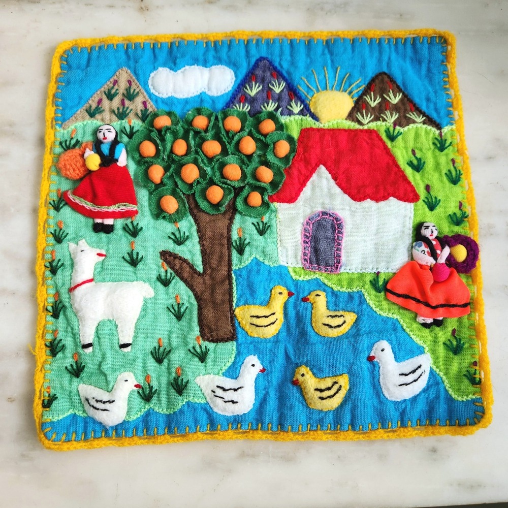 Peruvian Folk Art Tapestry‎ Embroidered Orange Tree Wall Hanging Landscape